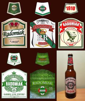 Pięć finałowych projektów etykiet i butelka piwa Radomiak z obecną etykietą