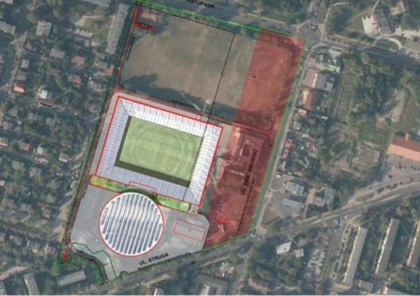 Projekt rozlokowania hali i stadionu przy ul. Struga. Na czerwono sporny teren